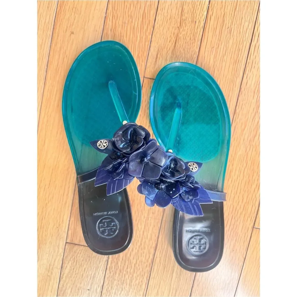 Tory Burch Blossom Jelly Blue Green Flip Flop Resort Coastal Flower Sandals 7